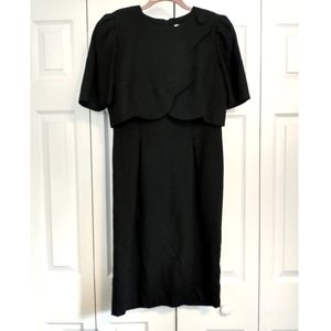 Vintage Black Sheath Dress With Scalloped Crossover Top and Puff Sleeves